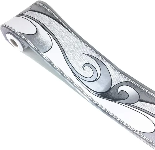 Vista 4 de REDODECO Elegante papel tapiz de moldura gris plateado, borde decorativo para techo, para baño, sala de estar, cocina, 4 pulgadas por 32.8 pies