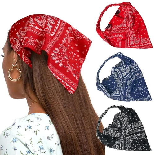 Vista 14 de AWAYTR - 3 diademas elásticas para el cabello para mujer con clip triangular Negro + Rojo + Albaricoque Crema