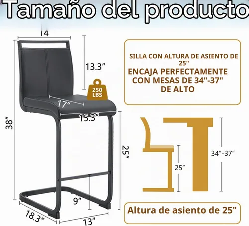 Vista 3 de gopop Juego de 2 taburetes de bar de altura de mostrador con respaldo, taburetes de cocina de cuero sintético negro con patas de metal recubierto