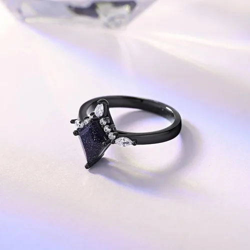Vista 4 de Anillo de boda gótico negro con piedra arenisca azul, anillos de promesa únicos para mujer