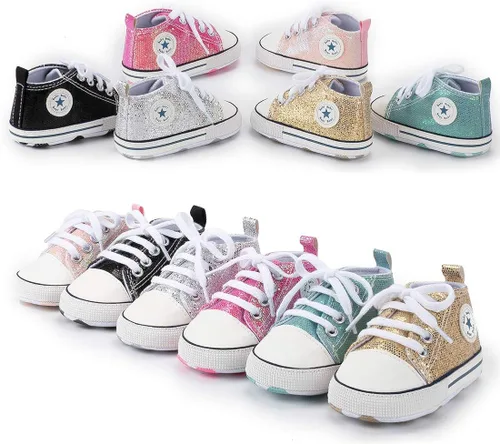 Vista 8 de Zapatos de bebé, para niñas o niños, suaves, suela antideslizante, para recién nacidos y primeros pasos, de estrella, tenis caña alta de lona