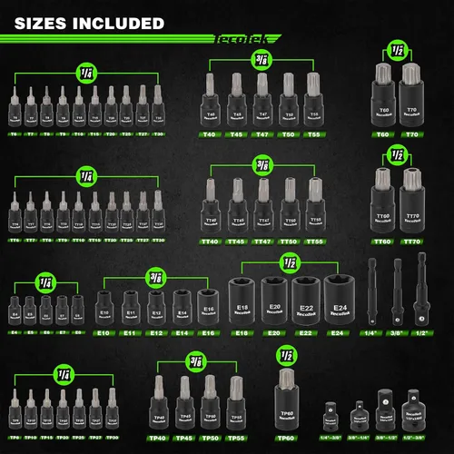 Vista 2 de TecoTek Juego de 67 piezas Master Torx Bit Socket y Enchufe Torx Externo, unidades de 1/4", 3/8" y 1/2", acero S2 y Cr-V, E4 - E24, T6 - T70, TT6