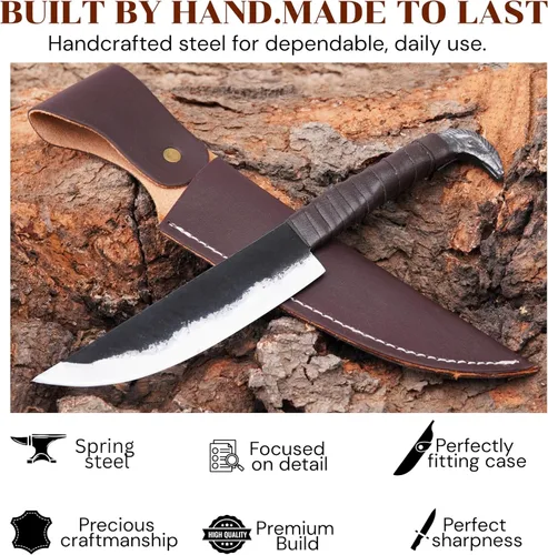 Vista 5 de LEONA CRAFT® Cuchillo de caza fijo hecho a mano Cuchillo vikingo nórdico de cabeza de cuervo Odin's con funda de cuero, hoja de acero al carbono