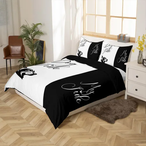 Vista 2 de Erosebridal Juego de funda de edredón con diseño de perro y mi lado, tamaño individual, color blanco y negro, de microfibra, romántico, para el día