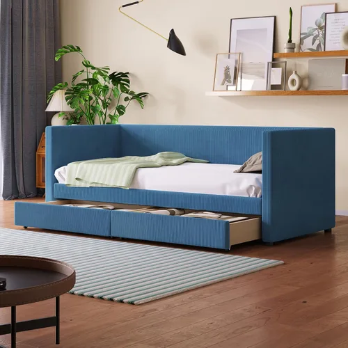 Vista 12 de Sofá cama de pana de tamaño individual con dos cajones, marco de sofá cama de madera maciza con soporte de listones de madera para dormitorio