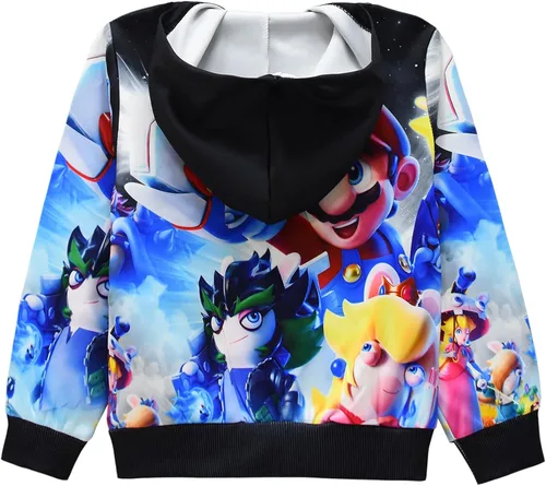 Vista 2 de Oman nylon Girls Boys Super Bros Princess Hoodie Zipper Sweatshirts 3D Cartoon Hoody Top For Kids 4-9Years