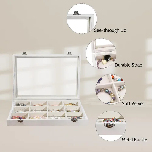 Vista 2 de Stratalife Organizador de joyas, organizador de pulseras, caja de almacenamiento apilable de 12 rejillas con tapa, joyero de terciopelo para cajón
