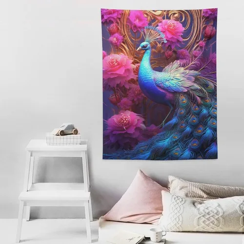 Vista 8 de JHION Tapiz de pavo real, hermoso tapiz de pájaro para colgar en la pared, tapices estéticos psicodélicos, arte de pared, decoración del hogar