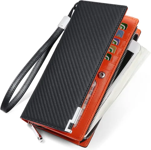 Vista 4 de Huztencor Billeteras largas para hombre de cuero RFID bloqueo billetera plegable con cremallera