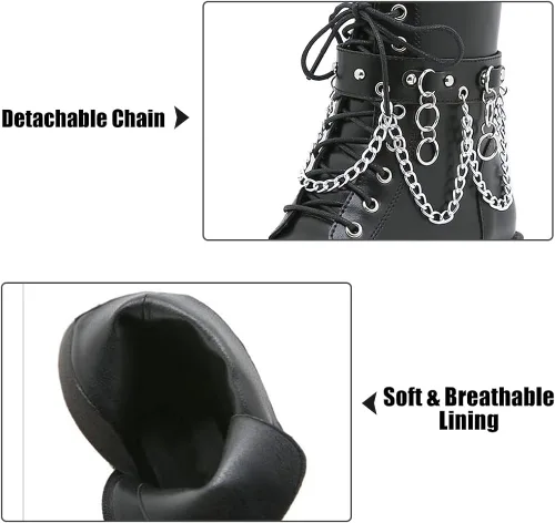 Vista 3 de mikarka Botas de plataforma de cadena para mujer, con cordones y cremallera, tacón grueso, botines de combate negros, botas de motocicleta