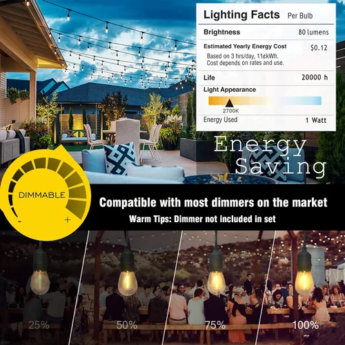Vista 5 de Tira de luces para exteriores, luz de patio de 100 pies con 32 bombillas Edison regulables S14 inastillables, iluminación exterior resistente al