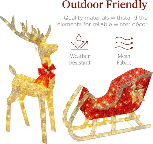 Vista 5 de Best Choice Products Decoración de Navidad iluminada de 4 pies con reno y trineo para exteriores, juego de decoración de patio con 205 luces LED