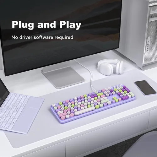 Vista 2 de KNOWSQT - Teclado de computadora con cable, color púrpura, retro, tamaño completo, tapa de tecla redonda, lindo, para enchufar y usar, para Windows