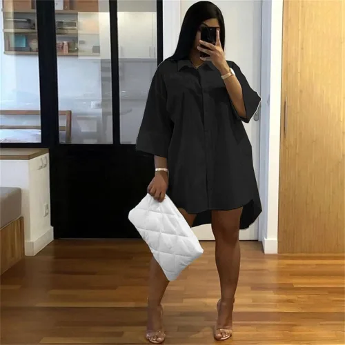 Vista 2 de GEMEIQ Womens Casual Shirt Dresses Button Down 34 Sleeve Summer Loose Fit Short Mini Dress