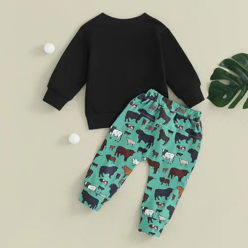 Vista 3 de Conjunto de 2 piezas de sudadera con cuello redondo y estampado de vaca para bebé niño y niña, conjunto de ropa de otoño e invierno