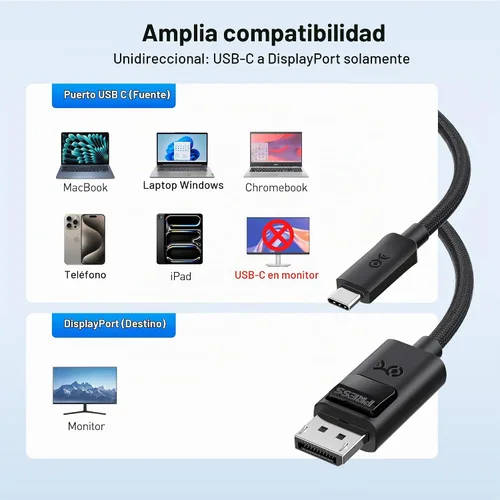 Vista 5 de Cable Matters Cable USB C a DisplayPort 2.1 unidireccional de 54 Gbps – 3 pies / 3.0 ft, soporta DP54, 8K @165Hz / 4K a 480Hz