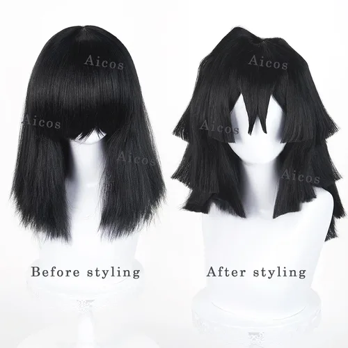 Vista 4 de Aicos Obanai Cosplay Wig - Costume Black Anime Wig with Bangs for Adults + Cap for Halloween Party