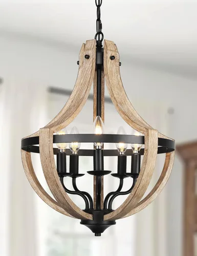 Vista 8 de Candelabro de 4 luces estilo granja para comedor, lámparas colgantes ajustables de madera vintage para isla de cocina, vestíbulo, entrada, zona