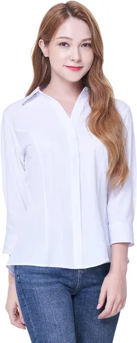 Vista 2 de Camisa con botones para mujer, con cuello en V, elástica en 4 direcciones, resistente a las arrugas y transpirable, manga 34 con cuello