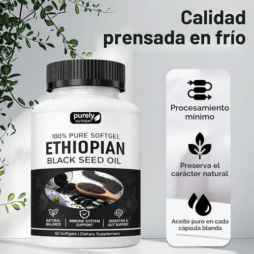 Vista 6 de Aceite de semilla negra etíope puramente nutritiva, cápsulas de aceite de semilla negra puramente etíope 4.64% timoquinona, cápsulas blandas