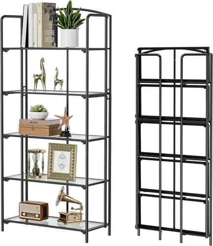 Vista 16 de Crofy - Estantería plegable sin montaje para sala de estar, estantería plegable de 2 niveles en color negro para oficina en casa, organizador