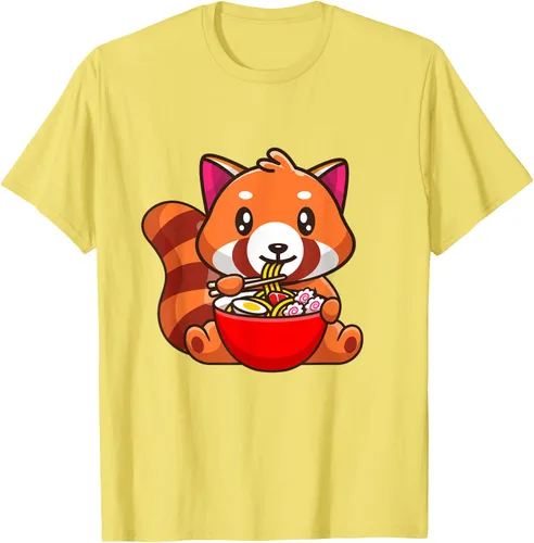 Vista 22 de Camiseta Kawaii Anime Red Panda Eating Ramen Noodles, Negro, S