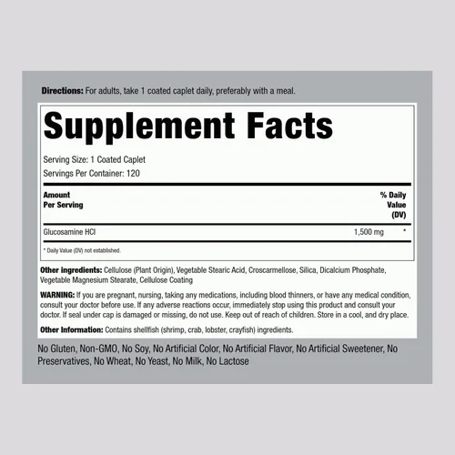 Vista 2 de Piping Rock Glucosamina HCL 1500mg 120 comprimidos Mega fuerza Suplemento sin OMG y sin gluten
