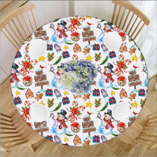 Vista 8 de Manteles para mesas redondas, mantel de Navidad impermeable y borrable con borde elástico, con copo de nieve rojo, rosa y verde, se adapta a mesa