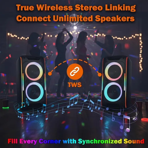 Vista 4 de Altavoz Bluetooth para fiestas, potente sonido estéreo de 180 W, graves profundos, altavoz inalámbrico portátil con modos de sonido EQ, luces LED