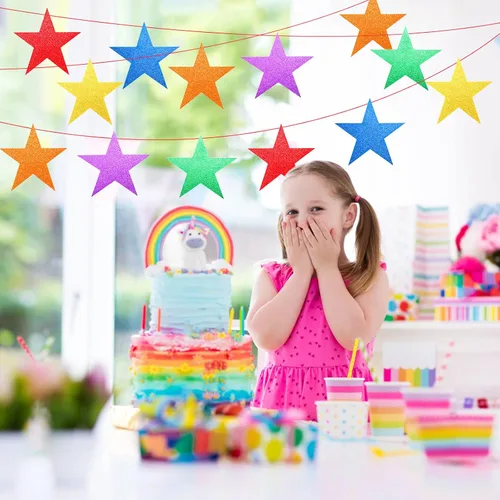 Vista 4 de Gejoy 80 piezas de estrellas con purpurina de arco iris, decoración de estrellas de papel doble impreso para noche de cine, decoración de tablón