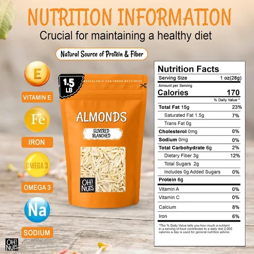 Vista 2 de Oh! Nuts Almendras blanqueadas plateadas – crudas – 100% naturales – 1.5 libras – Palitos de almendras blancas – Empaquetados en bolsa con cierre