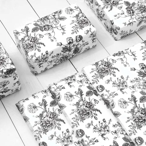 Vista 4 de JarThenaAMCS 100 hojas de papel de seda floral negro chinoiserie, papel de regalo de flores vintage, papel decorativo para manualidades, cumpleaños