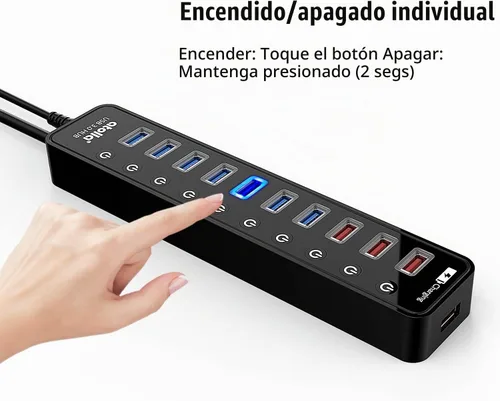 Vista 5 de Hub USB 3.0 alimentado, atolla 11 puertos, 7 puertos de datos USB 3.0+4 puertos de carga USB 3.0 Hub with Individual On/Off Switches and 12V/4A
