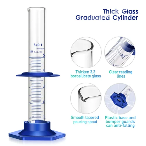 Vista 5 de Cilindro graduado de vidrio grueso para medir líquidos, cilindros de laboratorio con base de plástico antideslizante y protectores de parachoques