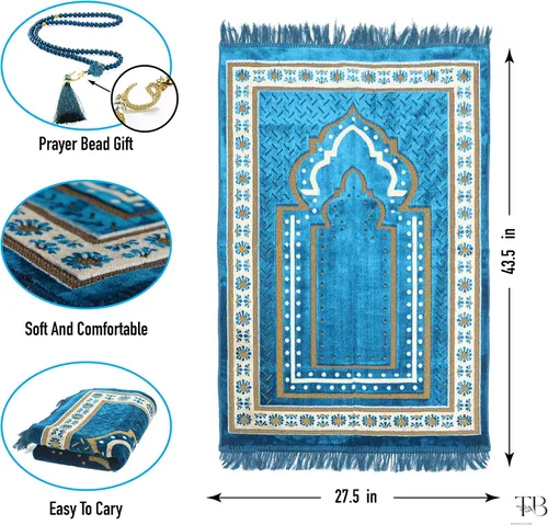 Vista 4 de TB - Alfombra de oración islámica gruesa y suave, alfombra musulmana única árabe, turca, africana, diseño bordado, cuentas de oración diaria, Azul