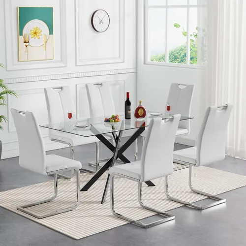 Vista 10 de SSLine Mesa de comedor moderna de cristal, rectangular de 51 pulgadas, color negro con patas de metal diseñadas en X para cocina y comedor