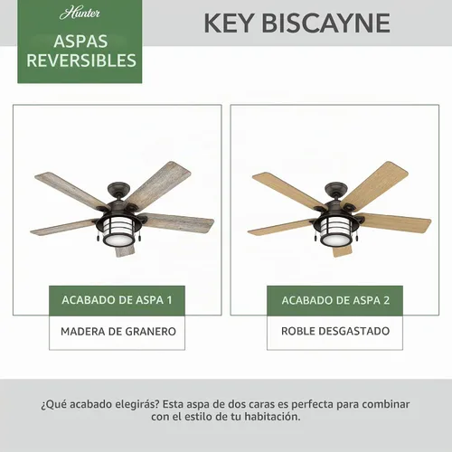 Vista 5 de Hunter Key Biscayne - Ventilador de techo, para interiores y exteriores, con luz LED y control para cadena de tracción