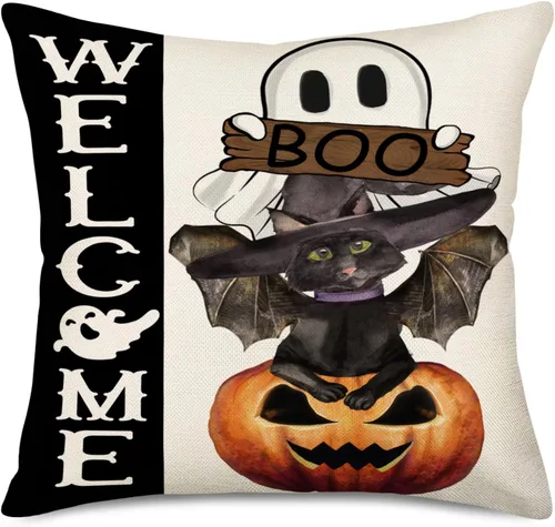 Vista 12 de Funda de almohada de fantasma de Halloween de 16 x 16 pulgadas, rayas blancas y negras con espeluznantes fundas de almohada de lino y algodón
