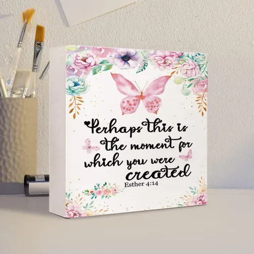 Vista 4 de Letrero de madera con texto en inglés "Quhaps This is The Moment for Which You Were Created de Esther 4:14, decoración de escritorio con versículo