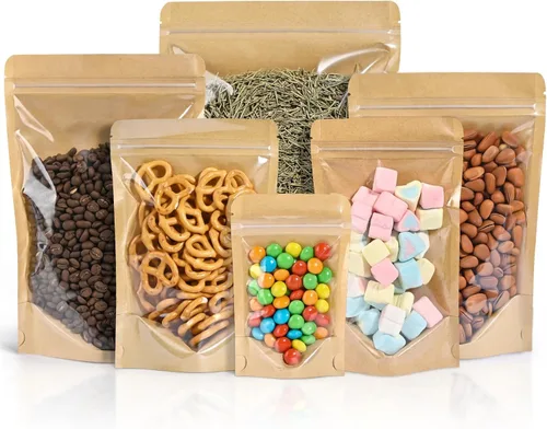 Vista 9 de FireKylin 100 bolsas de pie de 3.5 x 5.5 pulgadas, bolsas de papel con ventana frontal transparente, cremallera resellable, almacenamiento de Marrón