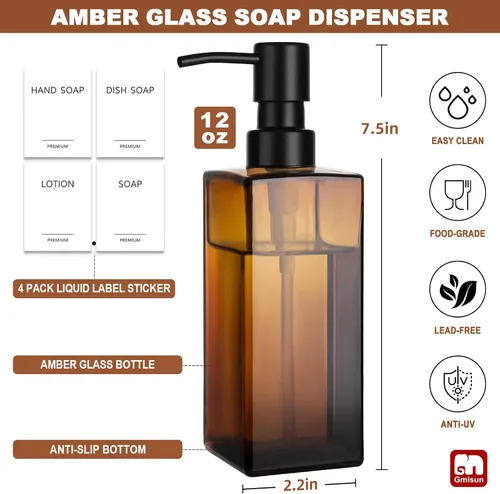 Vista 2 de GMISUN Dispensador de Jabón de Vidrio Ámbar, Juego de Dispensador de Jabón de Manos de 2 Piezas para Baño, Juego de Dispensador de Jabón para Platos