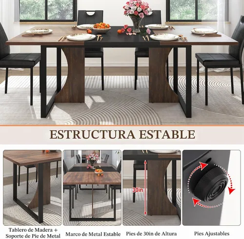 Vista 6 de Mesa de comedor grande de 70 pulgadas para 4, 5, 6 personas, mesa de comedor de cocina de granja con mesa de madera marrón, mesas de comedor