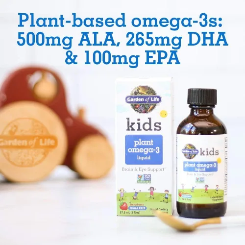 Vista 3 de Garden of Life Kids Plant Omega-3 Liquid, fresa - Soporte vegano para el cerebro y los ojos para niños, suplemento de ALA, DHA y EPA para niños a