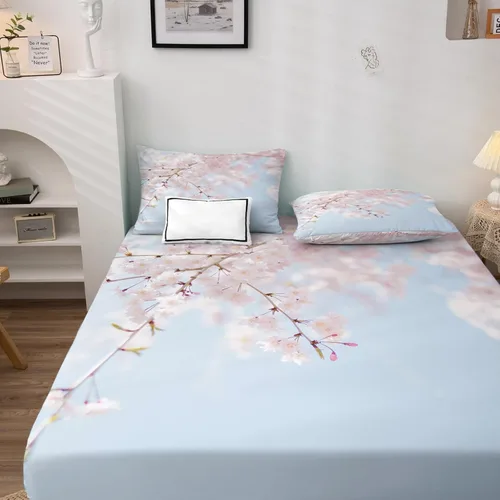 Vista 2 de Juego de sábanas de 3 piezas con estampado de flor de cerezo, tamaño individual, sábanas y fundas de almohada estampadas de Sakura, sábana bajera