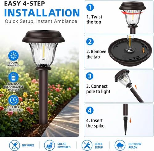Vista 5 de DERAYSION Solar Lights Outdoor, 6 Pack Brushed Stainless Steel Glass Solar Pathway Lights, Auto On/Off Long-Lasting Outdoor Solar Lights for Garden