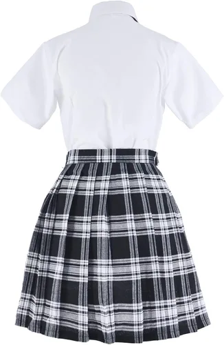 Vista 8 de Uniforme escolar japonés de tartán plisado para cosplay disfraz con calcetines gafas marco conjunto