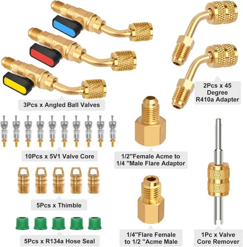 Vista 2 de WADEO 31 piezas de válvula de bola angular para refrigerante de aire acondicionado de 1/4 pulgada para refrigerante R410A R134A R12 R22