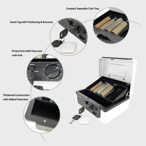 Vista 4 de Caja de efectivo con cerradura y bandeja, con sistema de seguimiento y doble bloqueo, caja de dinero para efectivo, cerradura segura con llave