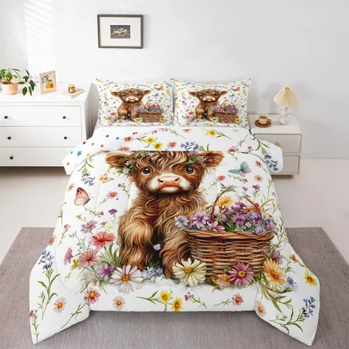 Vista 12 de Erosebridal Juego de edredón con estampado de vaca de las Highland, juego de ropa de cama de granja occidental verde azulado, decoración rústica