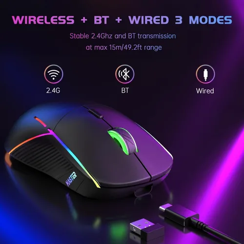 Vista 7 de FFJ Ratón Inalámbrico para Juegos, 24000 DPI, Ratón para Juegos Tri-Modo 2.4G/USB-C/Bluetooth 5.3, Ratón RGB Programable para Juego, Duración